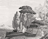 Panoramic wallpaper The landscape of Telemachus on the isle of Calypso monochrome . 1818