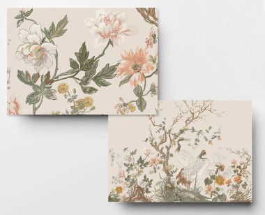 Panoramic wallpaper ivory japanese cranes . 1889