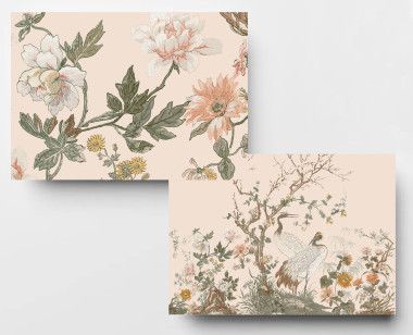 Panoramic wallpaper powder pink japanese cranes . 1889