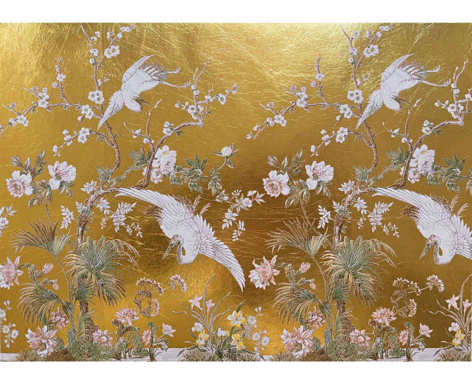 Yellow gold leaf panoramic wallpaper - Plum blossoms | Japanese decor