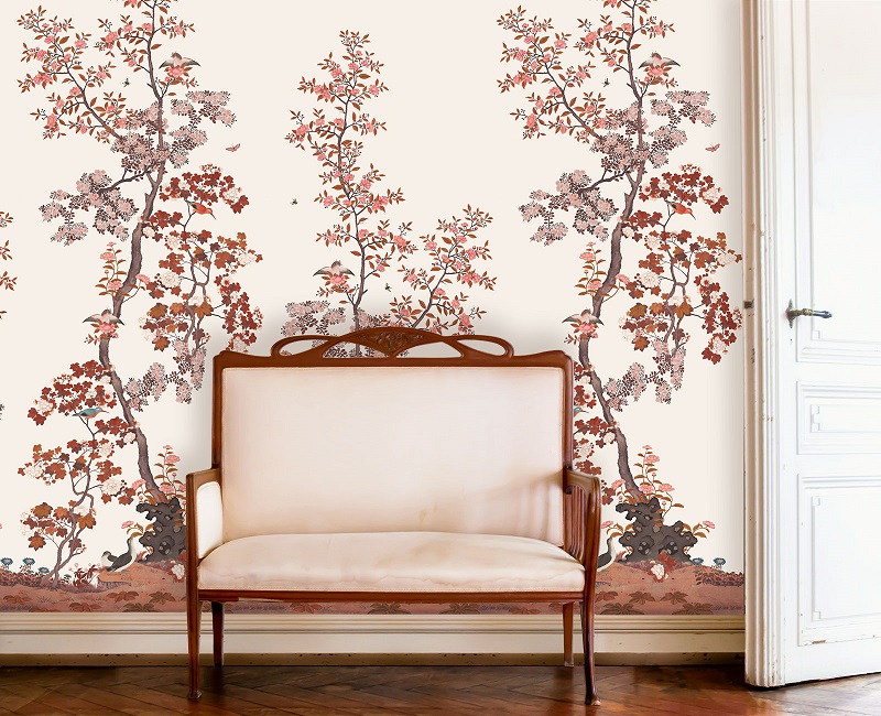 Papier peint motif chinois branche et rose